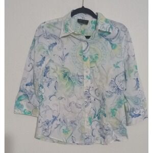Foxcroft Womens 8 Wrinkle Free Shaped Fit Paisley Floral 3/4 Sleeve Button Shirt